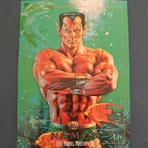 A pair of 1992 Marvel masterpieces.  Namor and Namorita, error cut trading cards